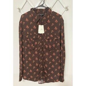 NWT Something Navy Woman's Top Brown Ganache Floral Long Sleeve  Charnas Size 1
